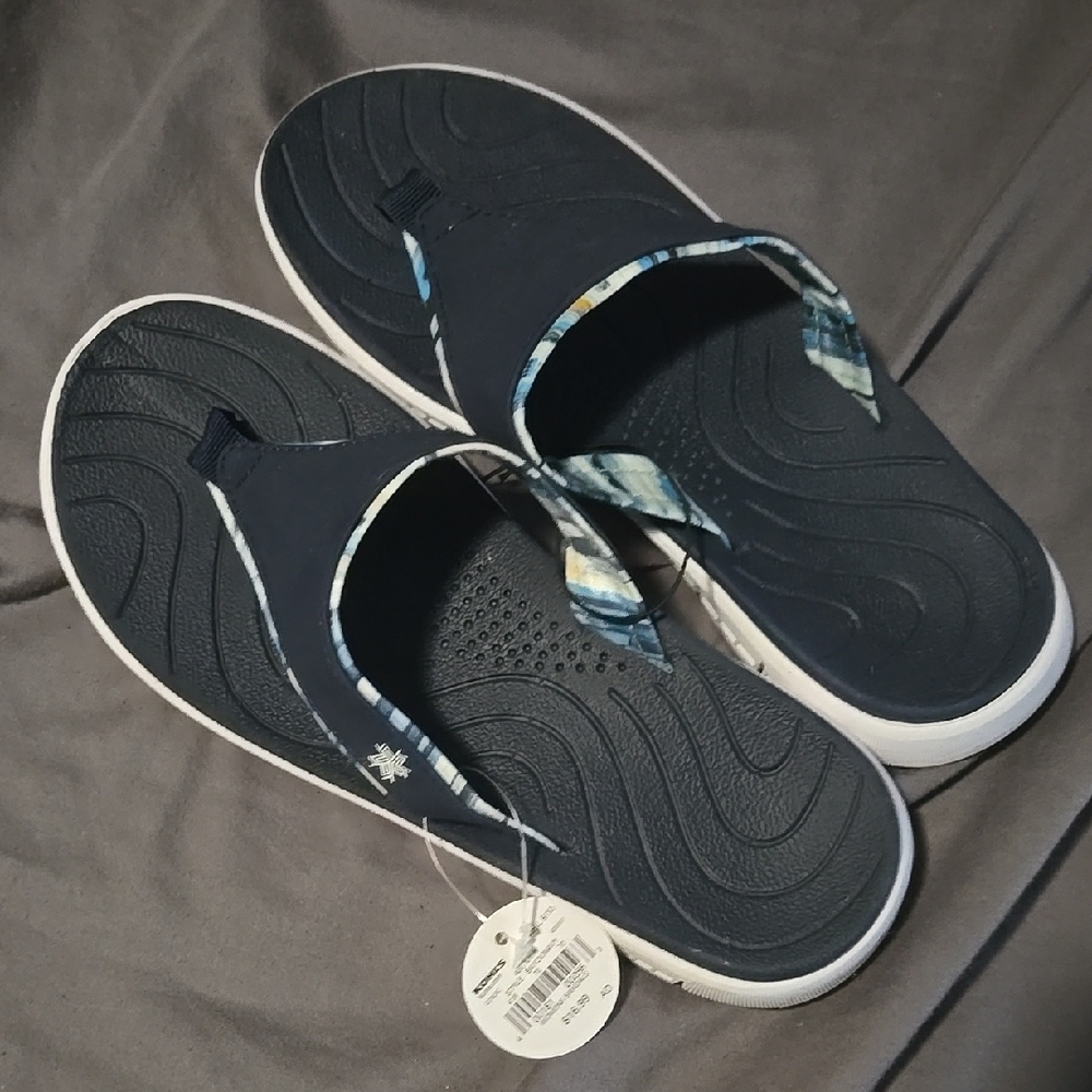 Navy Blue Flip Flops with Patterned Straps
